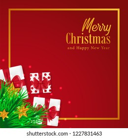 Merry Christmas greeting card template with illustration of garland decoration with golden star and gift box on red background. Vector illustration