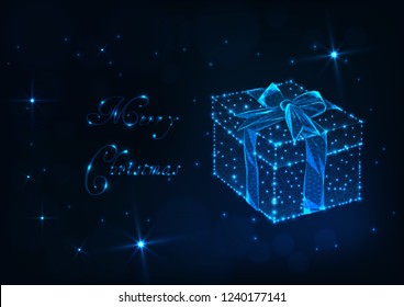 Merry Christmas greeting card template with glowing low polygonal gift box with ribbon bow, shiny stars and text on dark blue background. Futuristic wireframe design vector illustration.