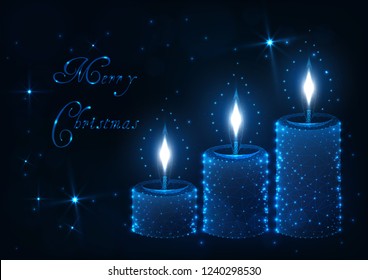 Merry Christmas greeting card template with three decorative aroma candle sticks with light flames, shiny stars and text on dark blue background. Modern low poly wireframe design vector illustration.