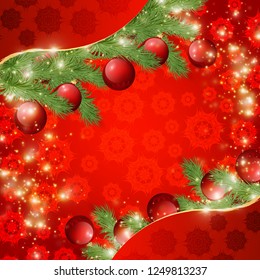 Merry Christmas  greeting card template. Christmas decor. Festive label for posters, posters, banners, flyers and brochures. Gold frame with sparkles and Christmas tree branches and toys