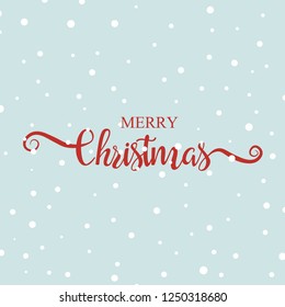 Merry Christmas greeting card template. Christmas handwritten lettering isolated on blue background. Calligraphy font style banner. Xmas text in red color. Vector illustration.