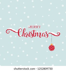 Merry Christmas greeting card template. Christmas handwritten lettering isolated. Christmas toy hangs on the letter. Calligraphy font style banner. Xmas text with snow on letters. Snowflake background