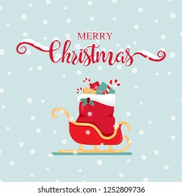 Merry Christmas greeting card template. Christmas handwritten lettering with Santa Claus sleigh isolated on blue snow background. Calligraphy font style banner. Xmas text with snow on letters. 