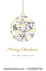 Merry Christmas greeting card template. Xmas bauble silhouette with lettering, linear festive icons