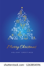 Merry Christmas greeting card template. Xmas tree silhouette with lettering and linear festive icons