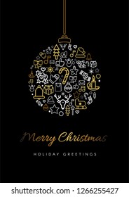 Merry Christmas greeting card template. Xmas bauble silhouette with lettering, linear festive icons