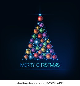 Merry Christmas greeting card template with Christmas tree made of glowing low polygonal colorful baubles and lights and text on dark blue background. Modern design vector illustration