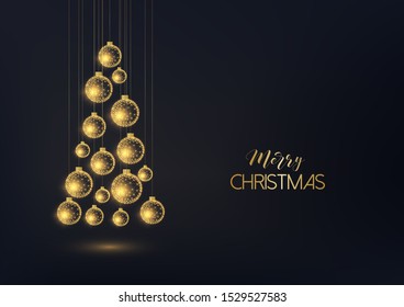 Merry Christmas greeting card template with hanging golden decorative  baubles in a form o1f Christmas tree and text on black background. Modern low polygonal design vector illustration.