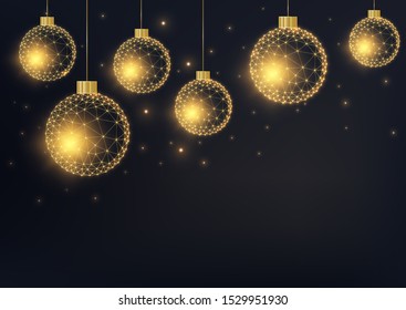 Merry Christmas greeting card template with golden geometric glowing low polygonal stars, baubles and lights on black background. Modern design vector illustration.