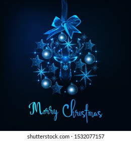 Merry Christmas greeting card template with futuristic glowing low polygonal bauble made of stars, deer head, decorative toys and ribbon bow on dark blue background. Modern vector illustration.