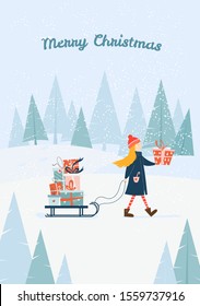 Merry Christmas greeting card template with cute cartoon girl character carrying gift box, santa sleigh with presents and winter background. Vector illustration