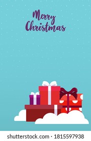 Merry Christmas greeting card template. Many gift boxes with ribbons on blue background with snowflakes. Vector illustration in flat design 