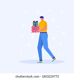 Merry Christmas greeting card template with man walking and carrying present, gift boxes. Xmas winter poster, banner, invitations