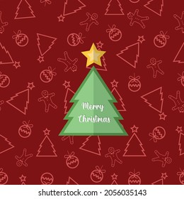 Merry Christmas Greeting Card Template and seamless pattern. Christmas decorative seamless pattern in the background. Paper Cut Style Tree. Add your own text or design. Merry Christmas and New year.