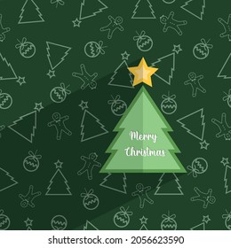 Merry Christmas Greeting Card Template and seamless pattern. Christmas decorative seamless pattern in the background. Paper Cut Style Tree. Add your own text or design. Merry Christmas and New year.