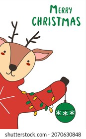 Merry Christmas greeting card template with Funny reindeer in red scarf holding a garland, cartoon vector illustration. Christmas poster, banner, postcard, greeting card design with a deer EPS