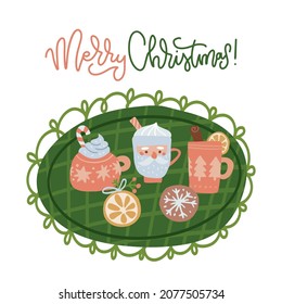 Merry Christmas greeting card template. Cute mugs with hot drinks with cookie on lace doily . Flat hand drawn vector illustration with lettering text.
