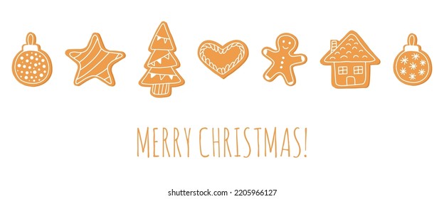 Merry christmas greeting card template. Gingerbread doodle flat icon set isolated on white background. Glazed traditional sweet food. Christmas banner design. 