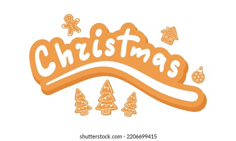 Merry christmas greeting card template. Gingerbread doodle flat icon set isolated on white background. Glazed traditional sweet food. Christmas banner design. 