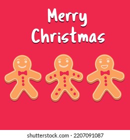 Merry Christmas greeting card template with three funny gingerbread men on red background.