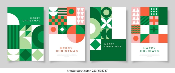 Merry Christmas greeting card template set for holiday celebration event. Flat geometry shape mosaic illustration collection in abstract scandinavian art style.