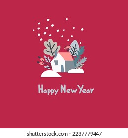 Merry Christmas greeting card template. Minimalistic design with Color of the year Viva Magenta and hand-lettered greeting phrase on blue background