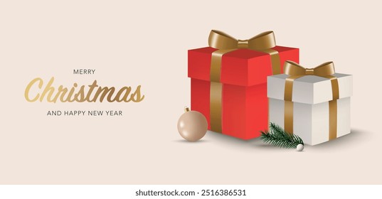 Merry Christmas greeting card template with golden shinny bow, red and white gift box, beige noel tree decoration ball, pine leaf and snow ball. 3d realistic vector illustration for banner, discount