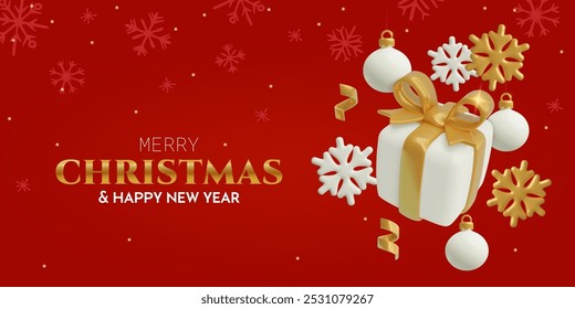 Merry Christmas greeting card template with 3d realistic present box, gold ribbons and snowflakes. Vector horizontal poster or banner luxury design on red background.