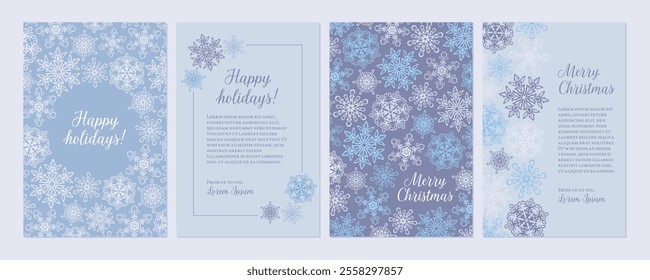 Merry Christmas greeting card template set. Holiday greeting postcard background. Winter graphic with snowflakes. Boho flyer design collection. Blue poster with snow illustration.