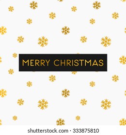 Merry Christmas Greeting Card Template. Seamless Pattern With Gold Snowflakes On White Background.