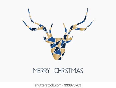 Merry Christmas greeting card template. A stylized deer head decorated with gold and blue triangles on white background.