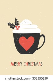 Merry Christmas greeting card template. A cup of warm beverage decorated with whipped cream and holly.