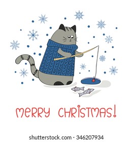 Merry Christmas greeting card template. Holiday background with cute fishing cat. 