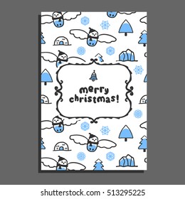 Merry christmas greeting card template with cute cartoon snowy owl. Vector doodle icebergs. Arctic bird wears scarf