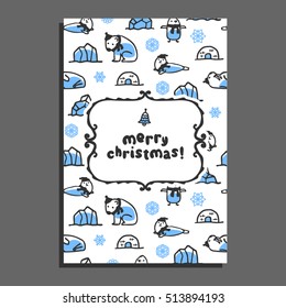 Merry christmas greeting card template with cute cartoon polar bear, seal, walrus and penguin. Vector arctic animals