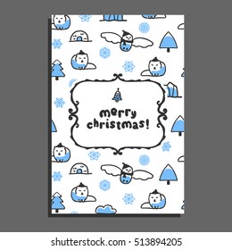 Merry christmas greeting card template with cute cartoon snowy owl and arctic fox. Vector doodle icebergs, igloo