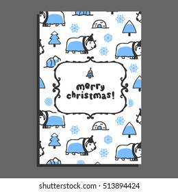 Merry christmas greeting card template with cute cartoon musk-ox. Vector snowflakes and icebergs. Arctic animal wears scarf