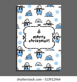 Merry christmas greeting card template with cute cartoon penguin. Vector doodle icebergs, igloo. Arctic bird wears scarf
