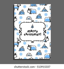 Merry christmas greeting card template with cute cartoon reindeer and musk-ox. Vector doodle arctic animals, snowflakes, igloo