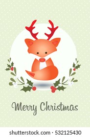 Merry Christmas Greeting Card Template. Fox Character with Reindeer Antler on Polka Dotted Background