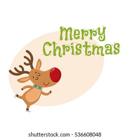 Merry Christmas greeting card template with cute and funny reindeer ice skating happily, cartoon vector illustration. Christmas poster, banner, postcard, greeting card design with a deer