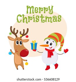 Merry Christmas greeting card template with funny deer holds Christmas toys and snowman gift box, cartoon vector illustration isolated. Christmas poster, banner, postcard, greeting card design
