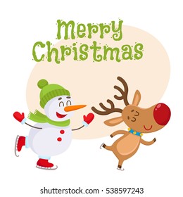 Merry Christmas greeting card template with funny reindeer and snowman skating, cartoon vector illustration isolated on white background. Christmas poster, banner, postcard, greeting card design