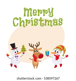 Merry Christmas greeting card template with two funny snowman and reindeer holding a Christmas tree and gift box, cartoon vector illustration. Christmas poster, banner, postcard, greeting card design