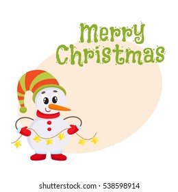 Merry Christmas greeting card template with Cute and funny little snowman holding a garland, cartoon vector illustration isolated. Christmas poster, banner, postcard, greeting card design