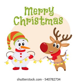 Merry Christmas greeting card template with funny reindeer and snowman holding public electronic garlands with light bulbs, cartoon vector. Christmas poster, banner, postcard, greeting card design