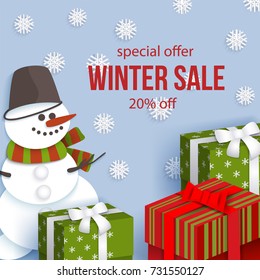 Merry Christmas greeting card template with paper cut snowman and present boxes, vector illustration. Merry Christmas, Xmas greeting card with flat style, paper cut presents and snowman