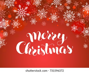 Merry Christmas greeting card template. Modern winter holidays lettering with snowflakes on red background. Merry Christmas vector illustration with text.