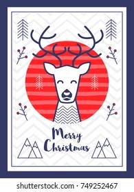 Merry Christmas greeting card template. Poster or banner with reindeer in modern clean scandinavian style. Vector illustration