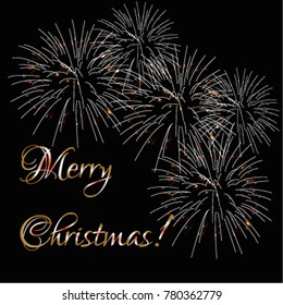 Merry Christmas greeting card template with text and fireworks on black background. Vector illustration.